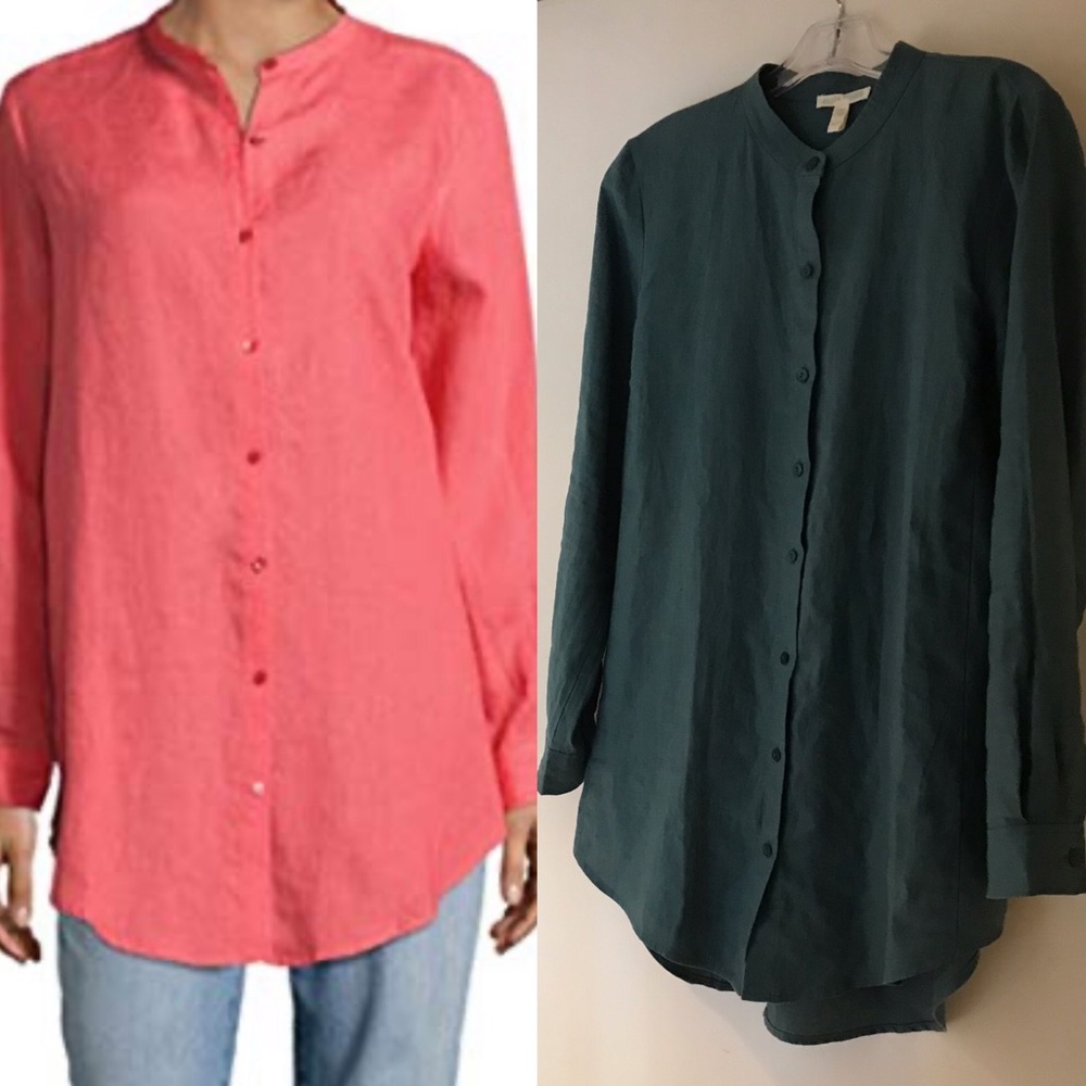 Eileen Fisher Band-Collar Button-Down Long-Sleeve
